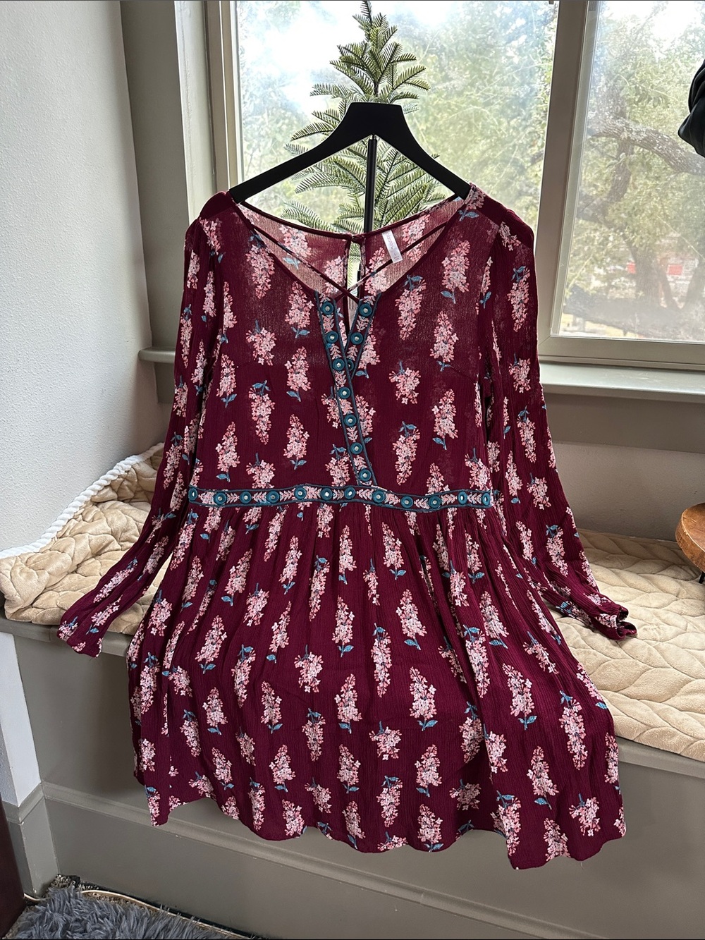 Xhilaration Burgundy Floral Long-Sleeve Lace-Up Dress